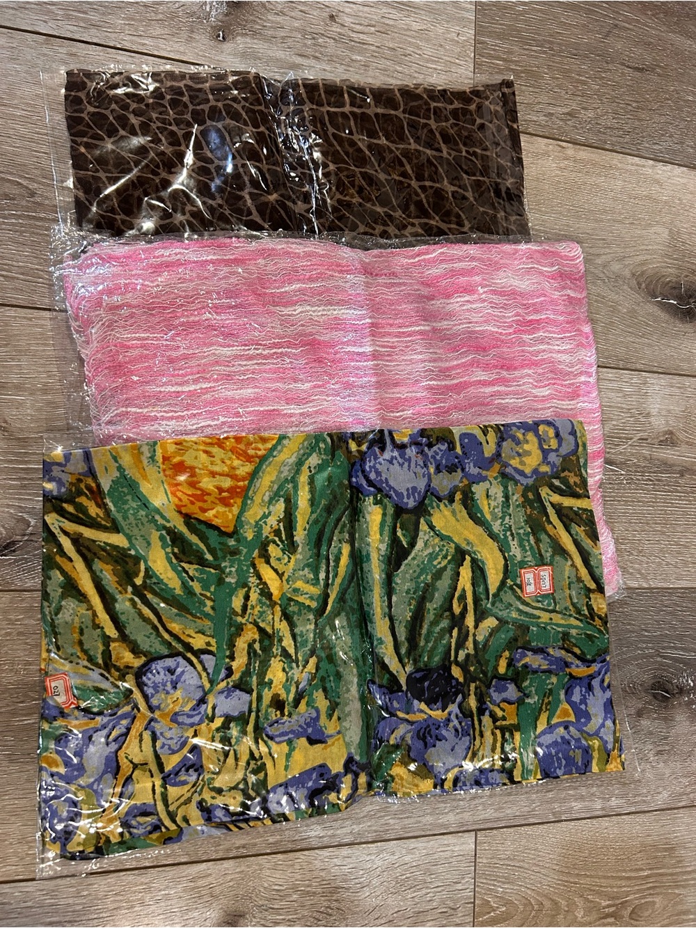 Set of 3 Fashion Scarves - Floral, Pink Wave, Brown Croc